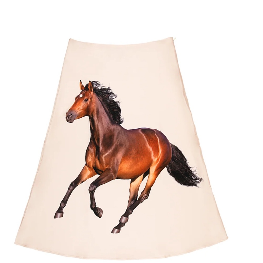 Cream Midi Skirt with Brown Horse Print